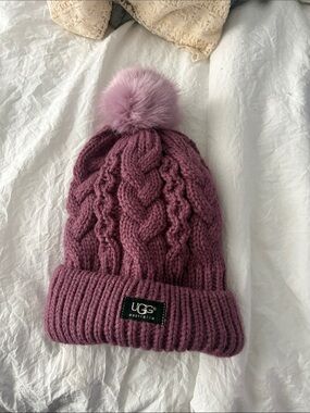 UGG Mauve Cable Knit Pom Beanie with Faux Fur Pom